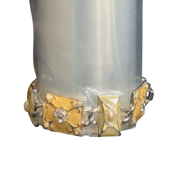 Vintage LIZ CLAIBORNE Beige & Silvertone Link Bracelet Floral Design  Rhinestone - Picture 2 of 7